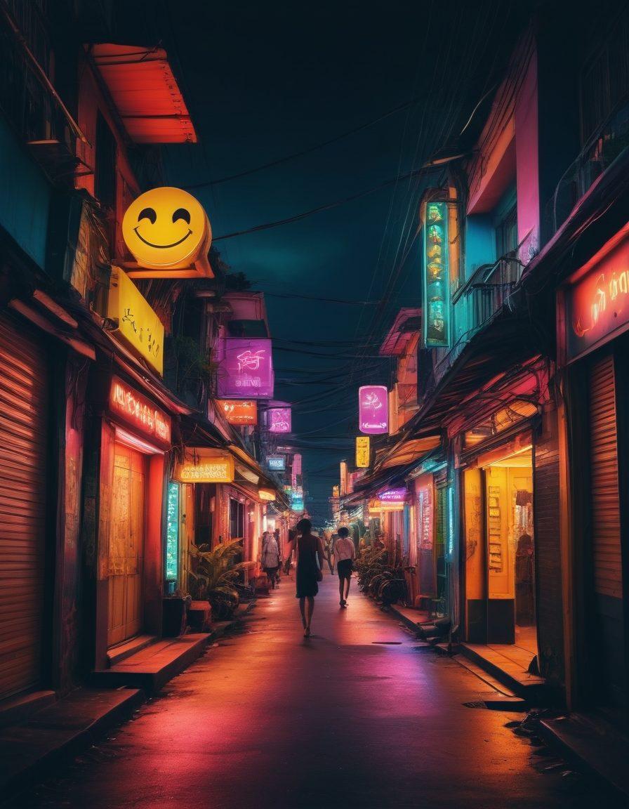 A vibrant street scene in Indonesia showcasing a bustling nightlife with neon lights, contrasting elements of censorship symbols like crossed-out emojis and locked doors, blending with interconnected silhouettes of diverse people engaging joyfully. A surreal depiction of both restriction and connection, evoking a sense of complexity in the adult entertainment landscape. neon colors. surrealism. dynamic composition.