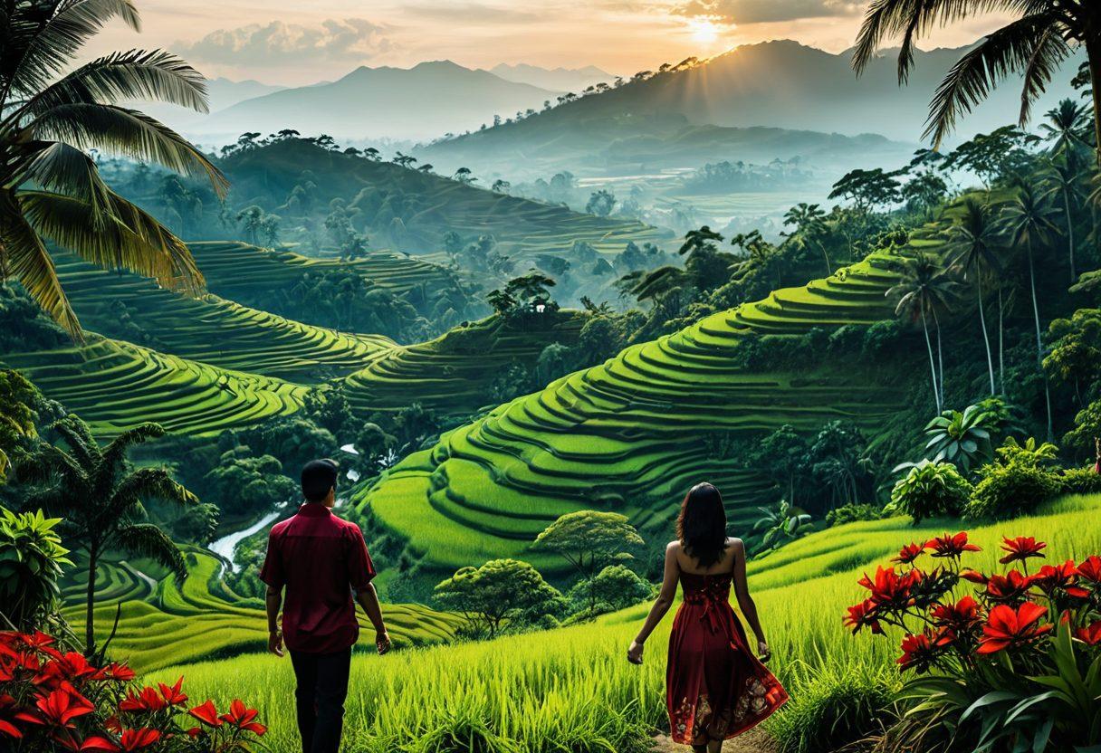 A captivating collage of Indonesian landscapes blended with digital elements, showcasing sensuality through vibrant, flowing art forms. Include silhouettes of couples entwined, surrounded by traditional Indonesian motifs and modern digital symbols. The color palette should consist of deep reds, lush greens, and subtle gold highlights to evoke a sense of passion and culture. Emphasize the contrast between tradition and modernity. vibrant colors. super-realistic.